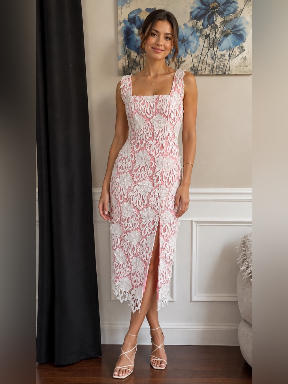 Just Me Pink Midi Dress with White Lace Overlay